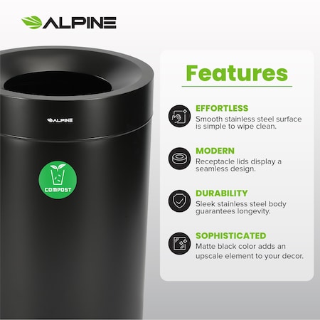 Alpine Industries 50 Gallon Stainless Steel Compost Can Black ALP475-50-BLK-CO